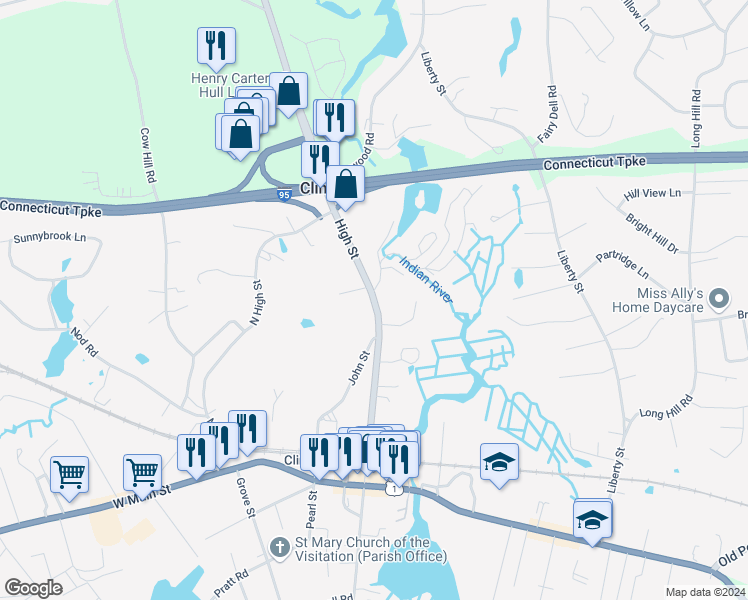 map of restaurants, bars, coffee shops, grocery stores, and more near 85 High St in Clinton