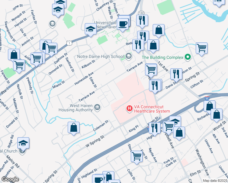 map of restaurants, bars, coffee shops, grocery stores, and more near 11 Crest Street in West Haven