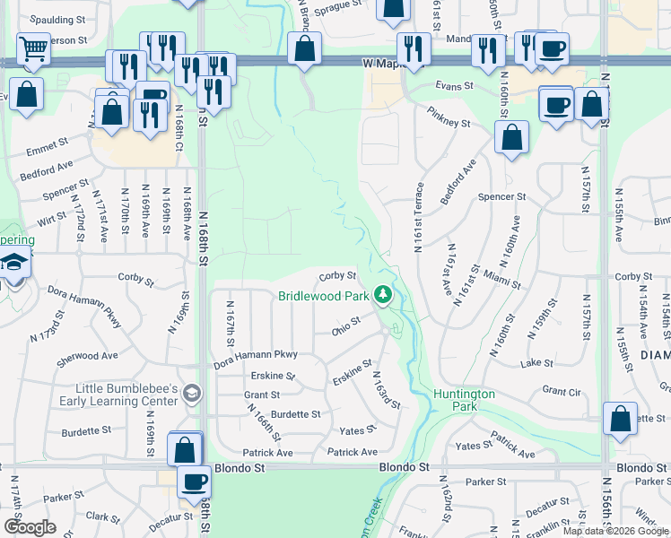 map of restaurants, bars, coffee shops, grocery stores, and more near 16402 Corby Street in Omaha