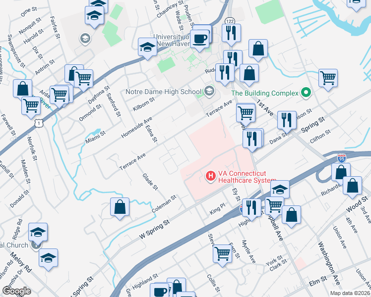 map of restaurants, bars, coffee shops, grocery stores, and more near 11 Crest Street in West Haven