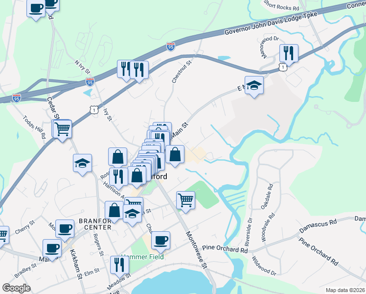 map of restaurants, bars, coffee shops, grocery stores, and more near 34 Hamre Lane in Branford