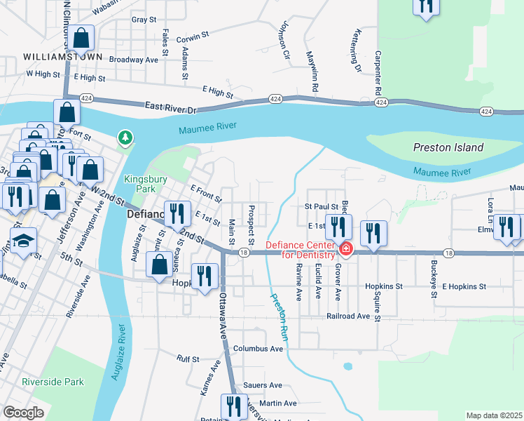 map of restaurants, bars, coffee shops, grocery stores, and more near 114 Prospect Street in Defiance