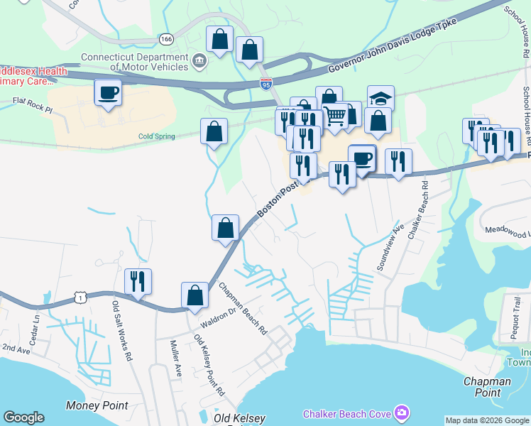 map of restaurants, bars, coffee shops, grocery stores, and more near 1760D Boston Post Road in Old Saybrook