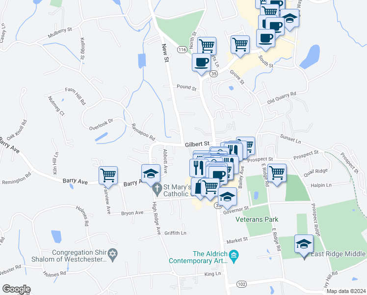 map of restaurants, bars, coffee shops, grocery stores, and more near 27 Gilbert Street in Ridgefield