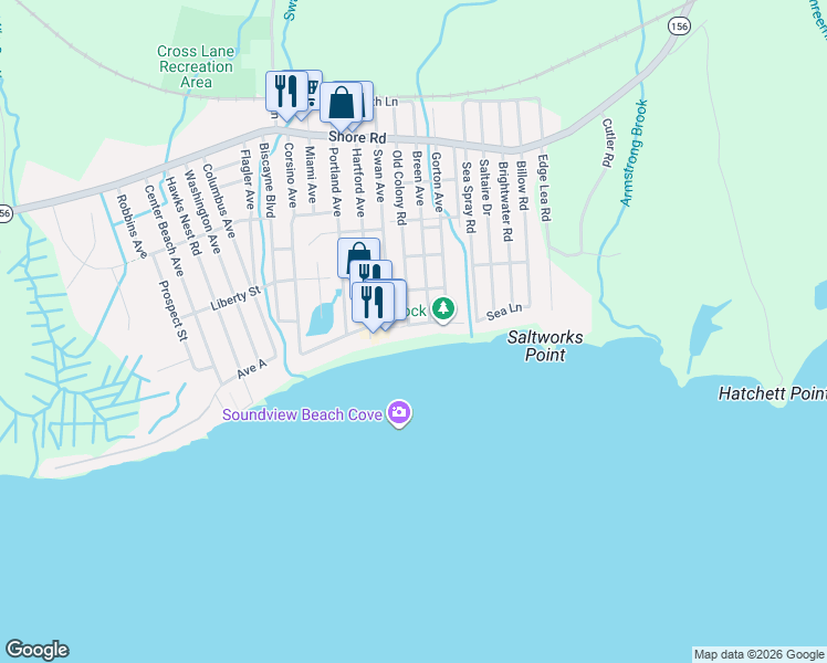map of restaurants, bars, coffee shops, grocery stores, and more near 82 Old Colony Road in Old Lyme