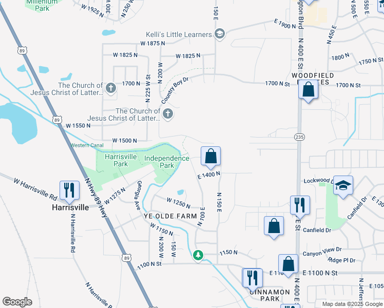 map of restaurants, bars, coffee shops, grocery stores, and more near 112 East 1475 North in Harrisville
