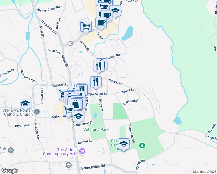 map of restaurants, bars, coffee shops, grocery stores, and more near 73 Prospect Street in Ridgefield