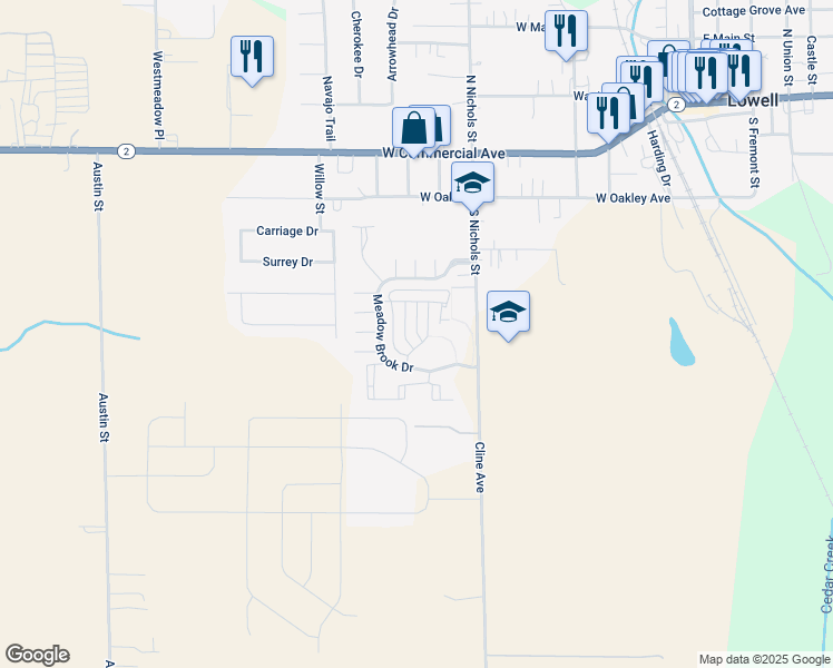map of restaurants, bars, coffee shops, grocery stores, and more near Dogwood Lane in Lowell