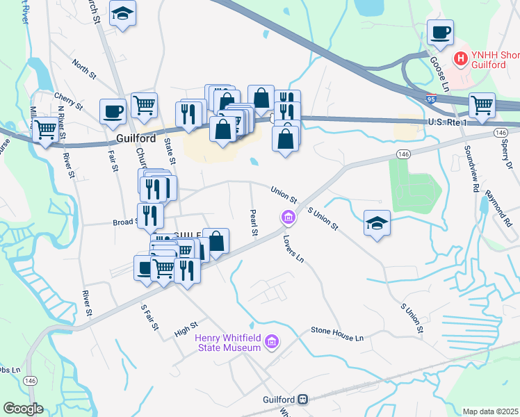 map of restaurants, bars, coffee shops, grocery stores, and more near 39 Pearl Street in Guilford