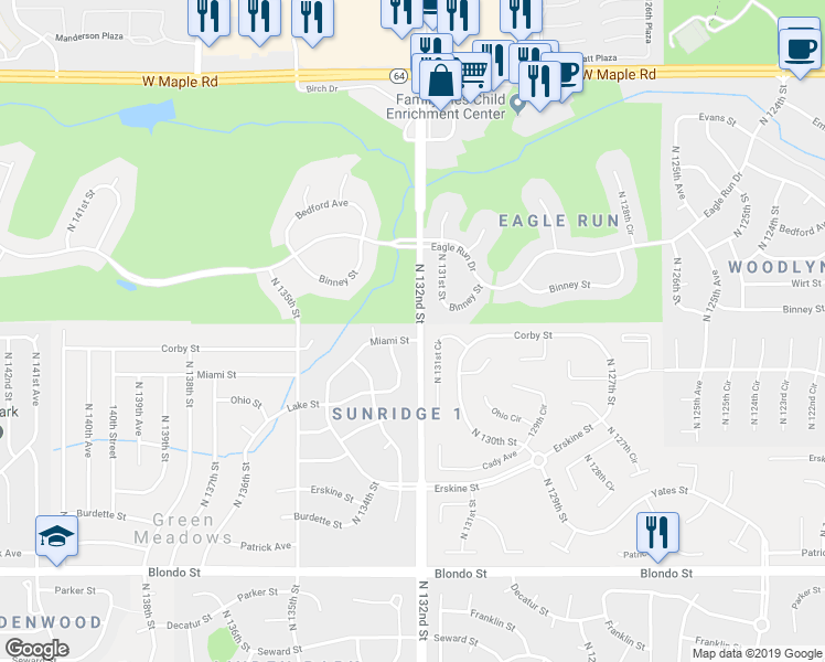 map of restaurants, bars, coffee shops, grocery stores, and more near 13204 Miami Street in Omaha