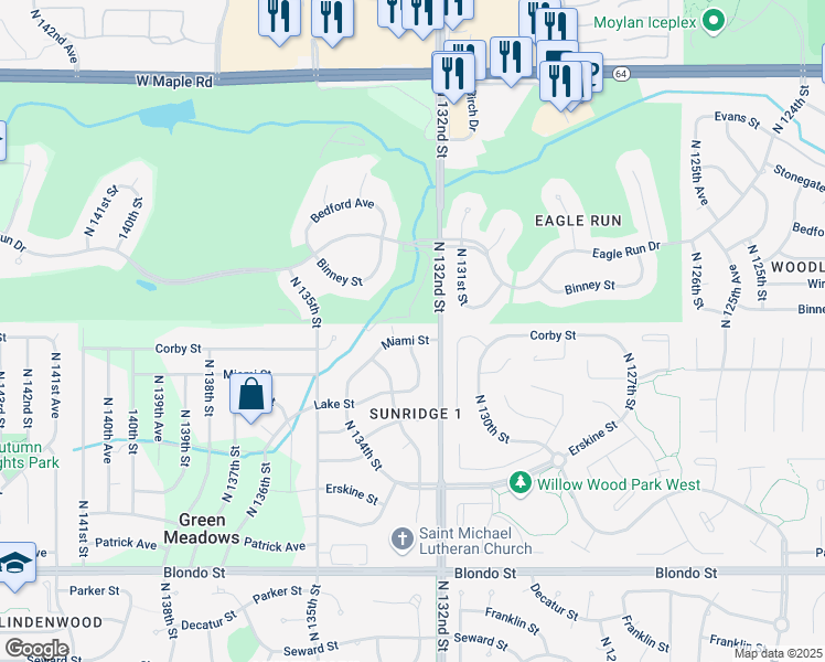 map of restaurants, bars, coffee shops, grocery stores, and more near 13204 Miami Street in Omaha