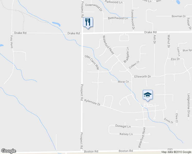 map of restaurants, bars, coffee shops, grocery stores, and more near 18556 Glen Cairn Way in Strongsville