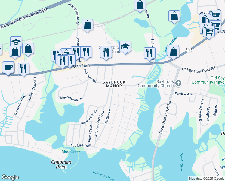 map of restaurants, bars, coffee shops, grocery stores, and more near 10 Old Sea Lane in Old Saybrook