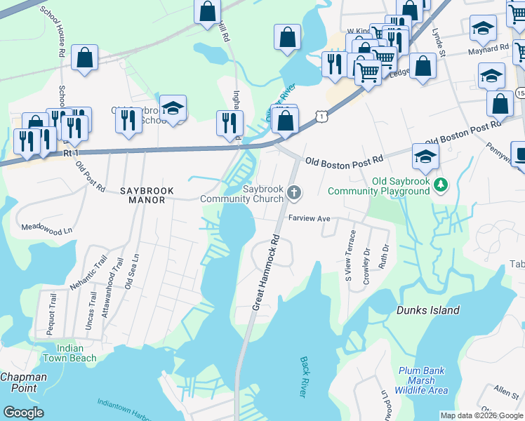 map of restaurants, bars, coffee shops, grocery stores, and more near 25 Sunset Road in Old Saybrook