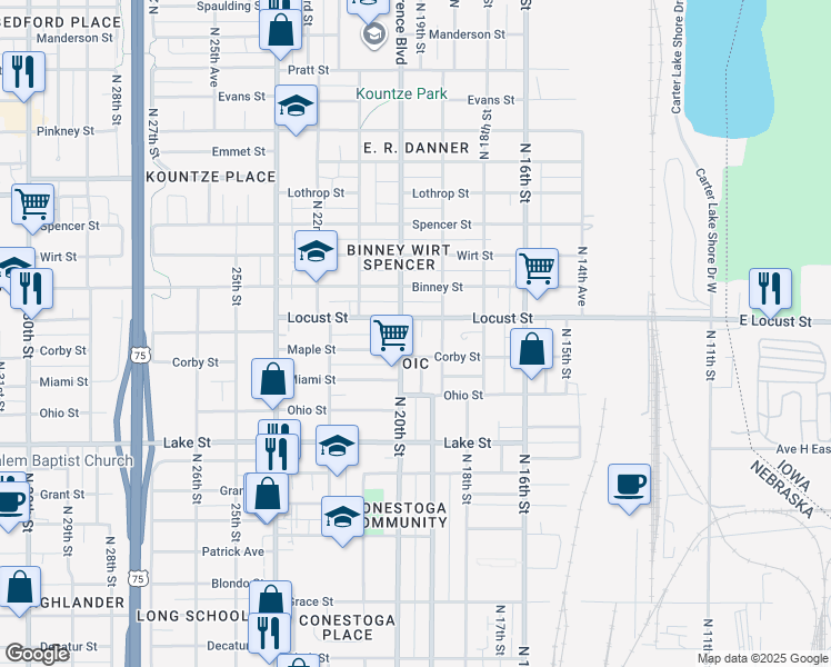 map of restaurants, bars, coffee shops, grocery stores, and more near 2812 North 19th Avenue in Omaha