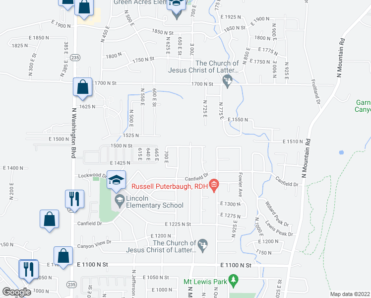 map of restaurants, bars, coffee shops, grocery stores, and more near 1452 North Liberty Avenue in Ogden