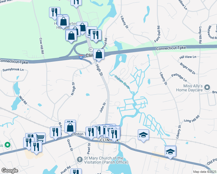 map of restaurants, bars, coffee shops, grocery stores, and more near 85 High Street in Clinton