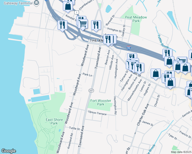 map of restaurants, bars, coffee shops, grocery stores, and more near 1020 Townsend Avenue in New Haven