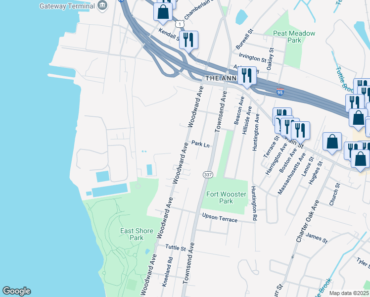 map of restaurants, bars, coffee shops, grocery stores, and more near 579 Woodward Avenue in New Haven