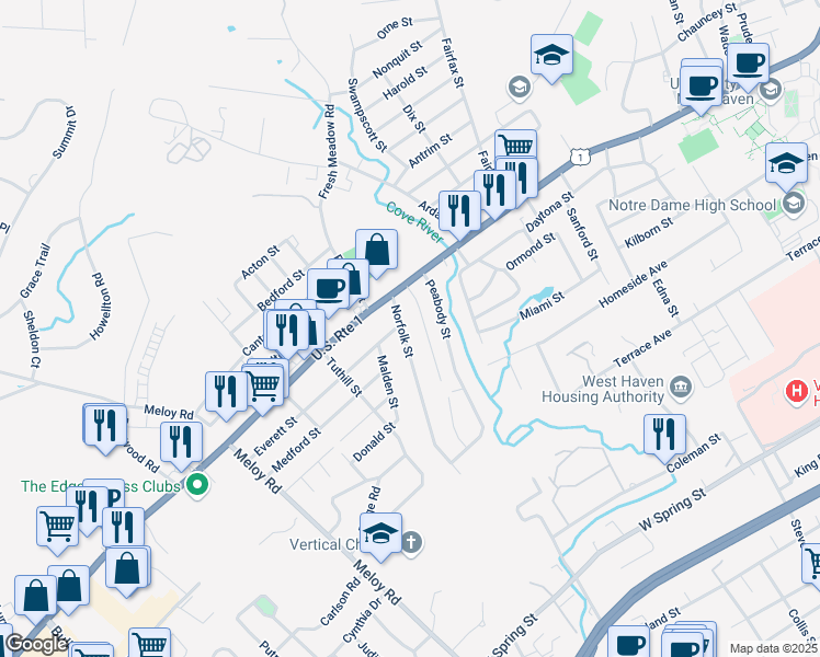 map of restaurants, bars, coffee shops, grocery stores, and more near 37 Norfolk Street in West Haven