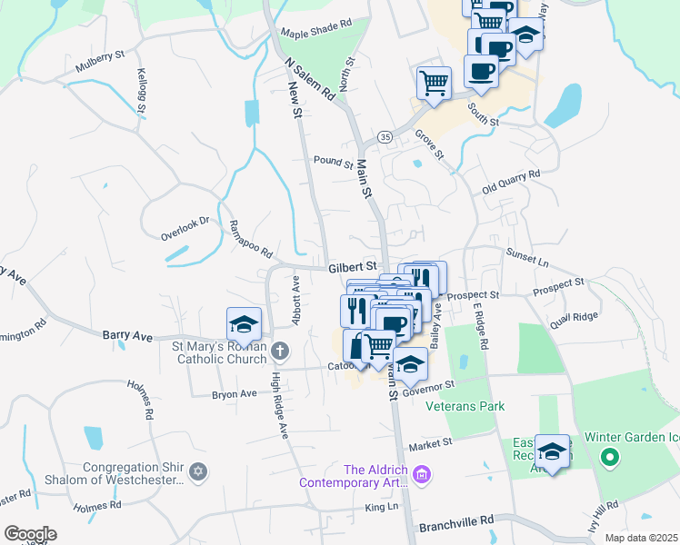 map of restaurants, bars, coffee shops, grocery stores, and more near 27 Gilbert Street in Ridgefield