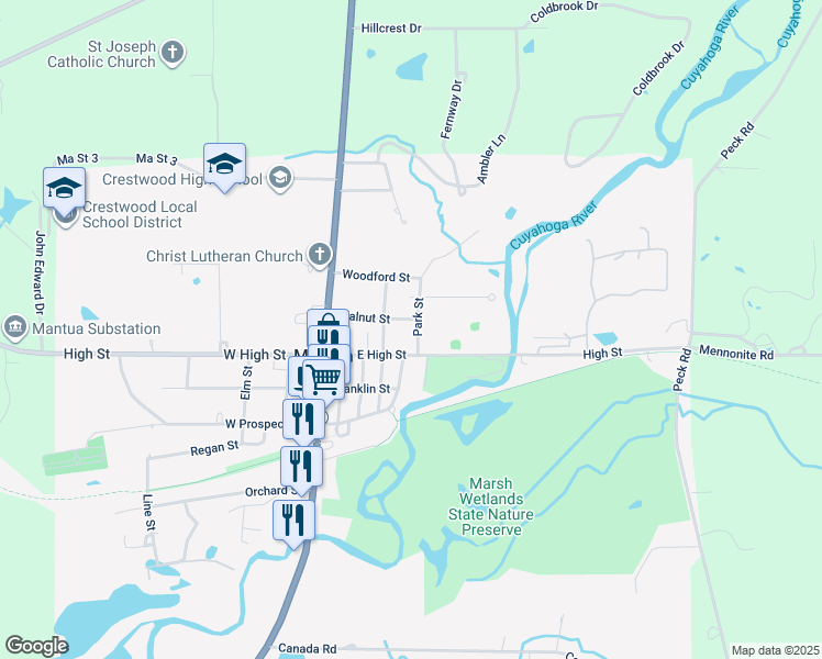 map of restaurants, bars, coffee shops, grocery stores, and more near 10765 Park St in Mantua
