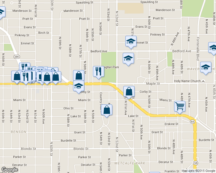map of restaurants, bars, coffee shops, grocery stores, and more near 5322 Corby Street in Omaha