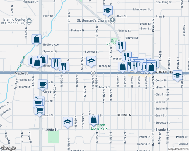map of restaurants, bars, coffee shops, grocery stores, and more near 2824 North 66th Avenue in Omaha