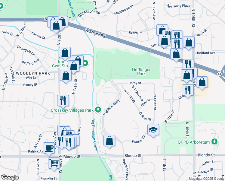 map of restaurants, bars, coffee shops, grocery stores, and more near 11417 Crabapple Court in Omaha