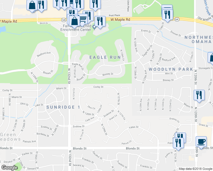 map of restaurants, bars, coffee shops, grocery stores, and more near 12729 Corby Street in Omaha