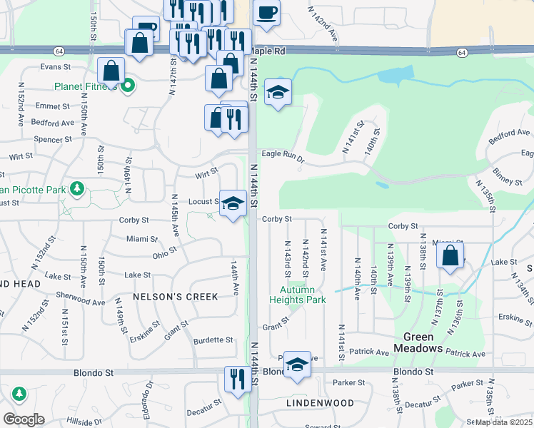 map of restaurants, bars, coffee shops, grocery stores, and more near 14356 Corby Street in Omaha