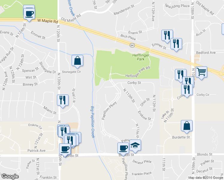 map of restaurants, bars, coffee shops, grocery stores, and more near 11417 Crabapple Court in Omaha
