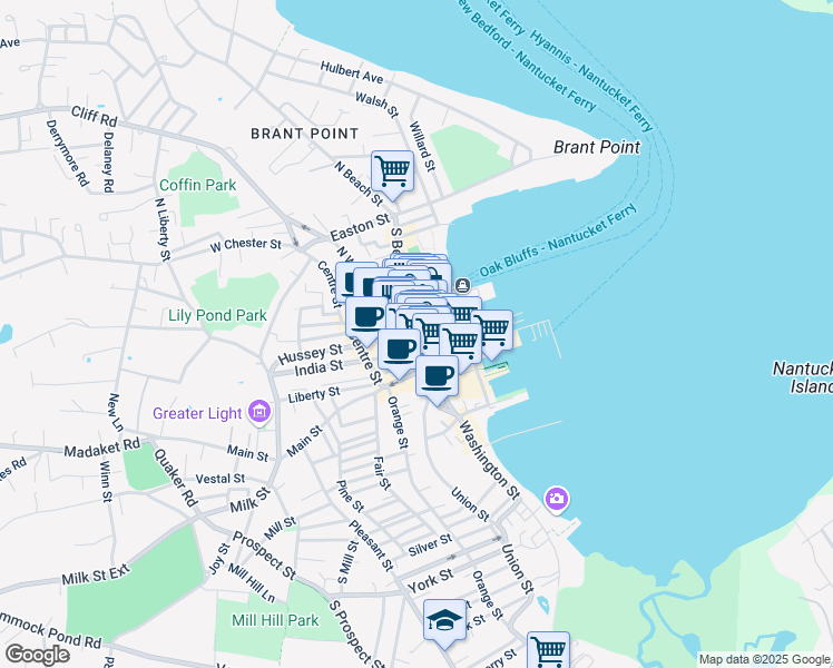 map of restaurants, bars, coffee shops, grocery stores, and more near 17 South Water Street in Nantucket