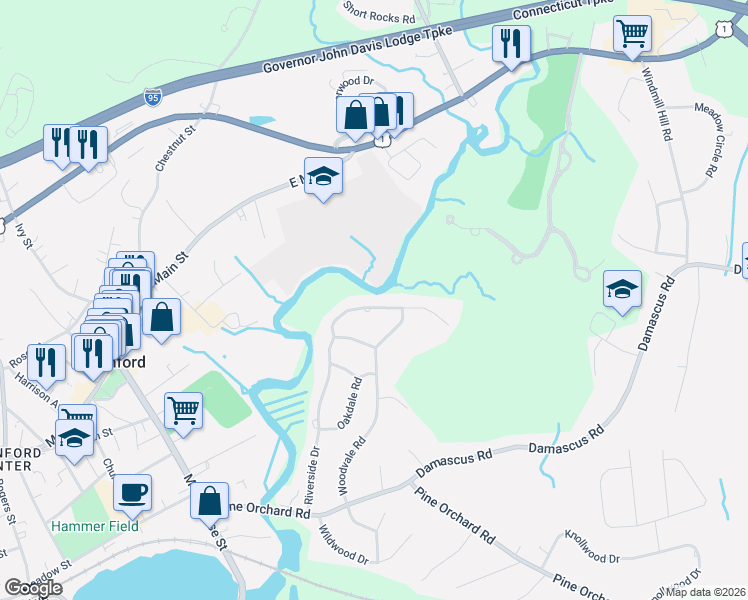 map of restaurants, bars, coffee shops, grocery stores, and more near 44 Riverside Drive in Branford