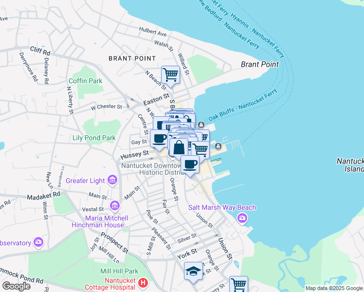 map of restaurants, bars, coffee shops, grocery stores, and more near 17 South Water Street in Nantucket