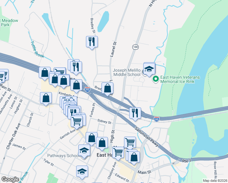 map of restaurants, bars, coffee shops, grocery stores, and more near 47 Laurel Street in East Haven