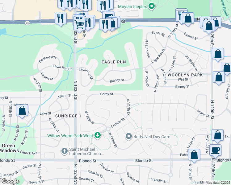 map of restaurants, bars, coffee shops, grocery stores, and more near 12728 Corby Street in Omaha