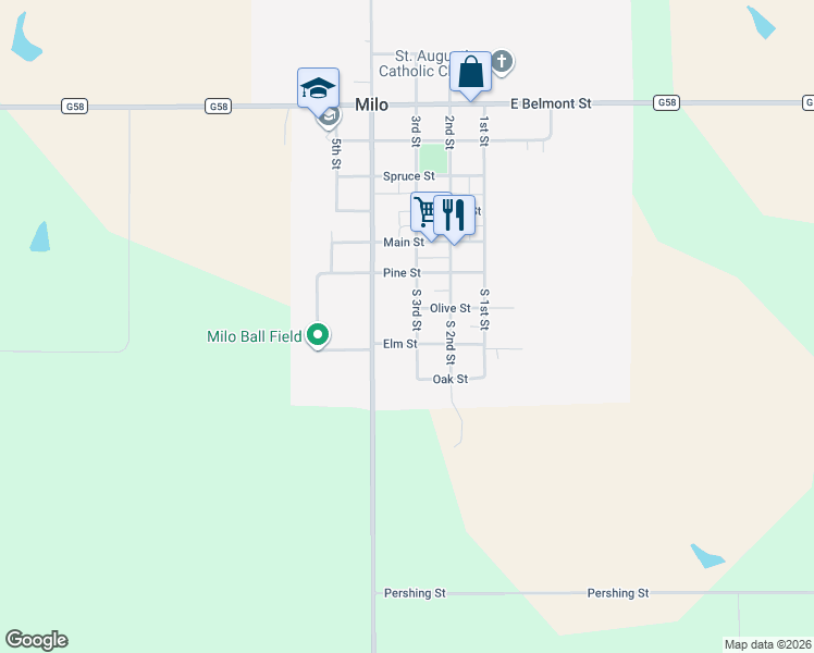 map of restaurants, bars, coffee shops, grocery stores, and more near 316 South 3rd Street in Milo