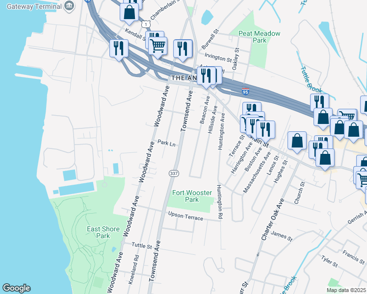 map of restaurants, bars, coffee shops, grocery stores, and more near 1020 Townsend Avenue in New Haven