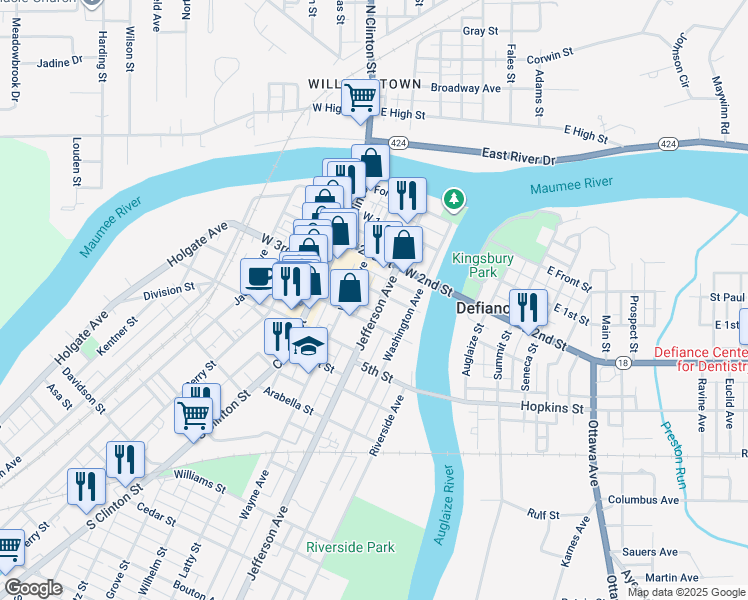 map of restaurants, bars, coffee shops, grocery stores, and more near 405 West 3rd Street in Defiance