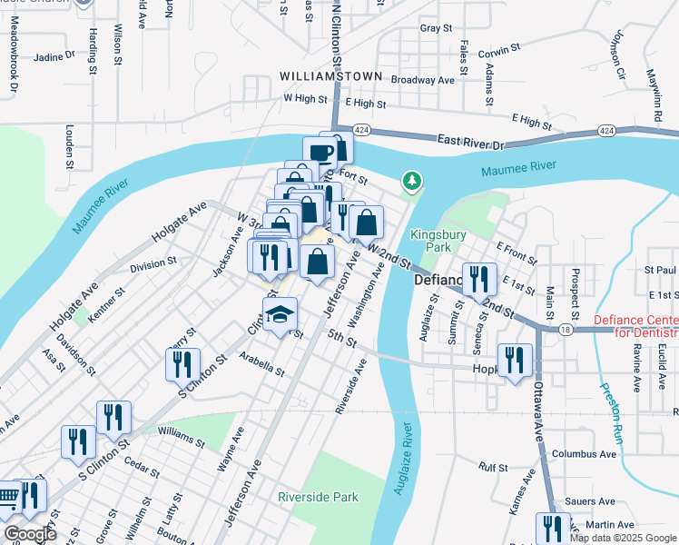 map of restaurants, bars, coffee shops, grocery stores, and more near 405 West 3rd Street in Defiance