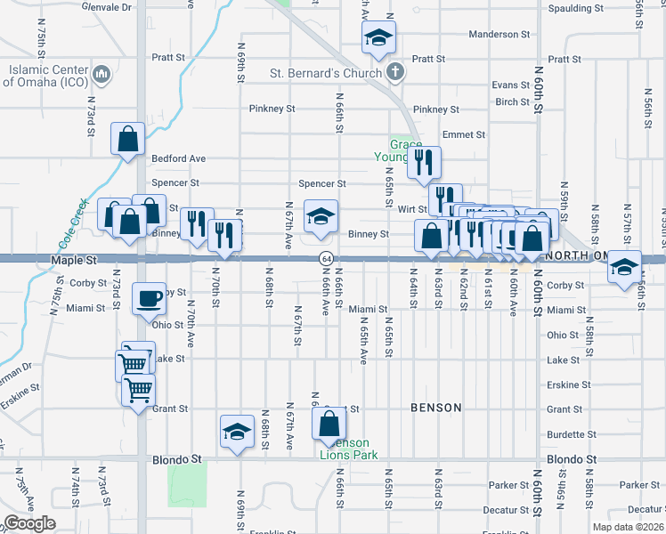 map of restaurants, bars, coffee shops, grocery stores, and more near 2824 North 66th Avenue in Omaha
