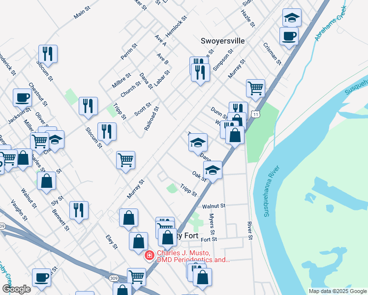 map of restaurants, bars, coffee shops, grocery stores, and more near 96 Dana Street in Forty Fort