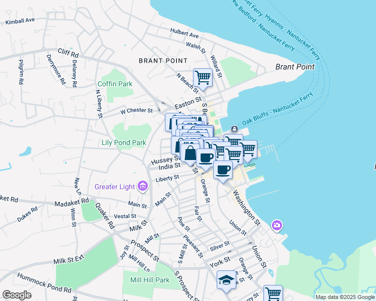 map of restaurants, bars, coffee shops, grocery stores, and more near 33 Centre Street in Nantucket