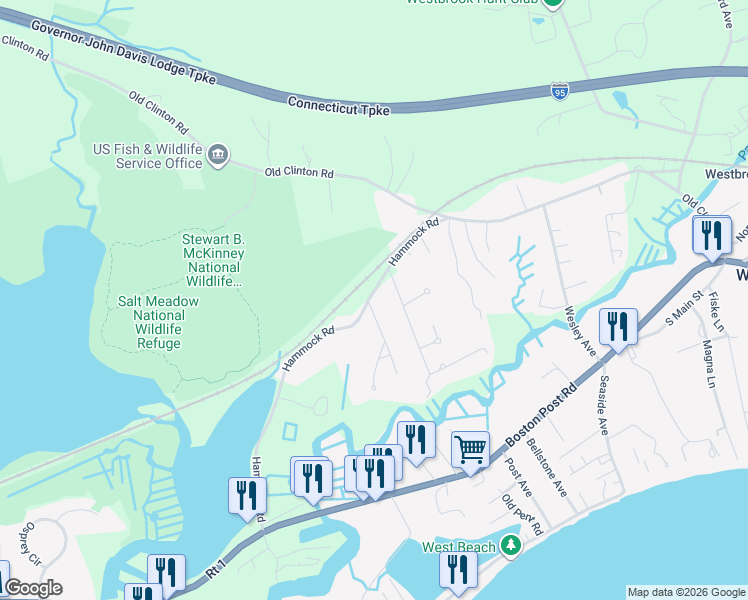 map of restaurants, bars, coffee shops, grocery stores, and more near 18 Meadowbrook Road in Westbrook