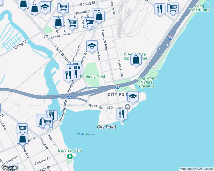 map of restaurants, bars, coffee shops, grocery stores, and more near 179 Greenwich Avenue in New Haven