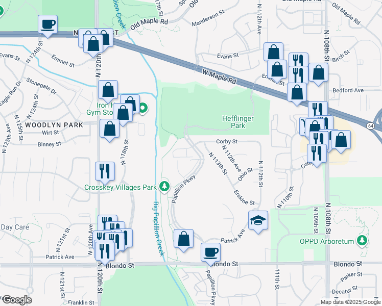 map of restaurants, bars, coffee shops, grocery stores, and more near 11405 Corby Plaza in Omaha