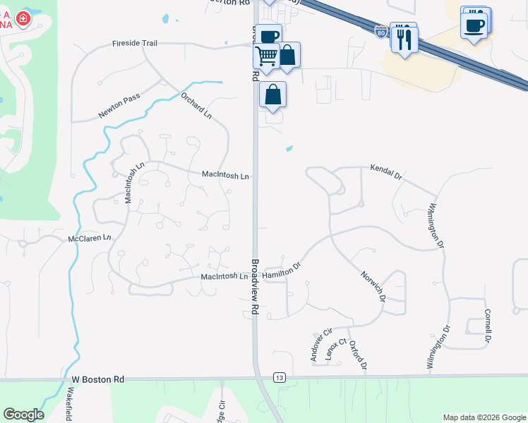 map of restaurants, bars, coffee shops, grocery stores, and more near 10305 Broadview Road in Broadview Heights