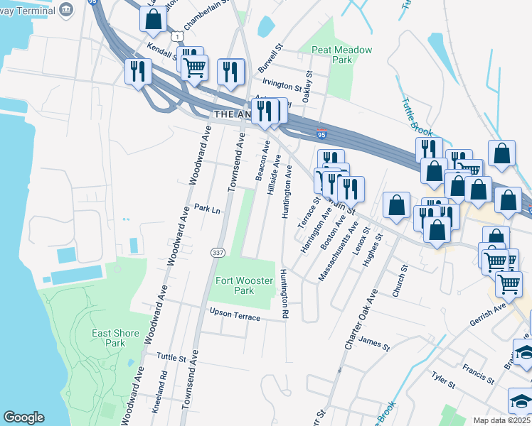 map of restaurants, bars, coffee shops, grocery stores, and more near 65 Hillside Avenue in New Haven