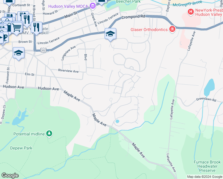 map of restaurants, bars, coffee shops, grocery stores, and more near 28 Bayberry Drive in Peekskill